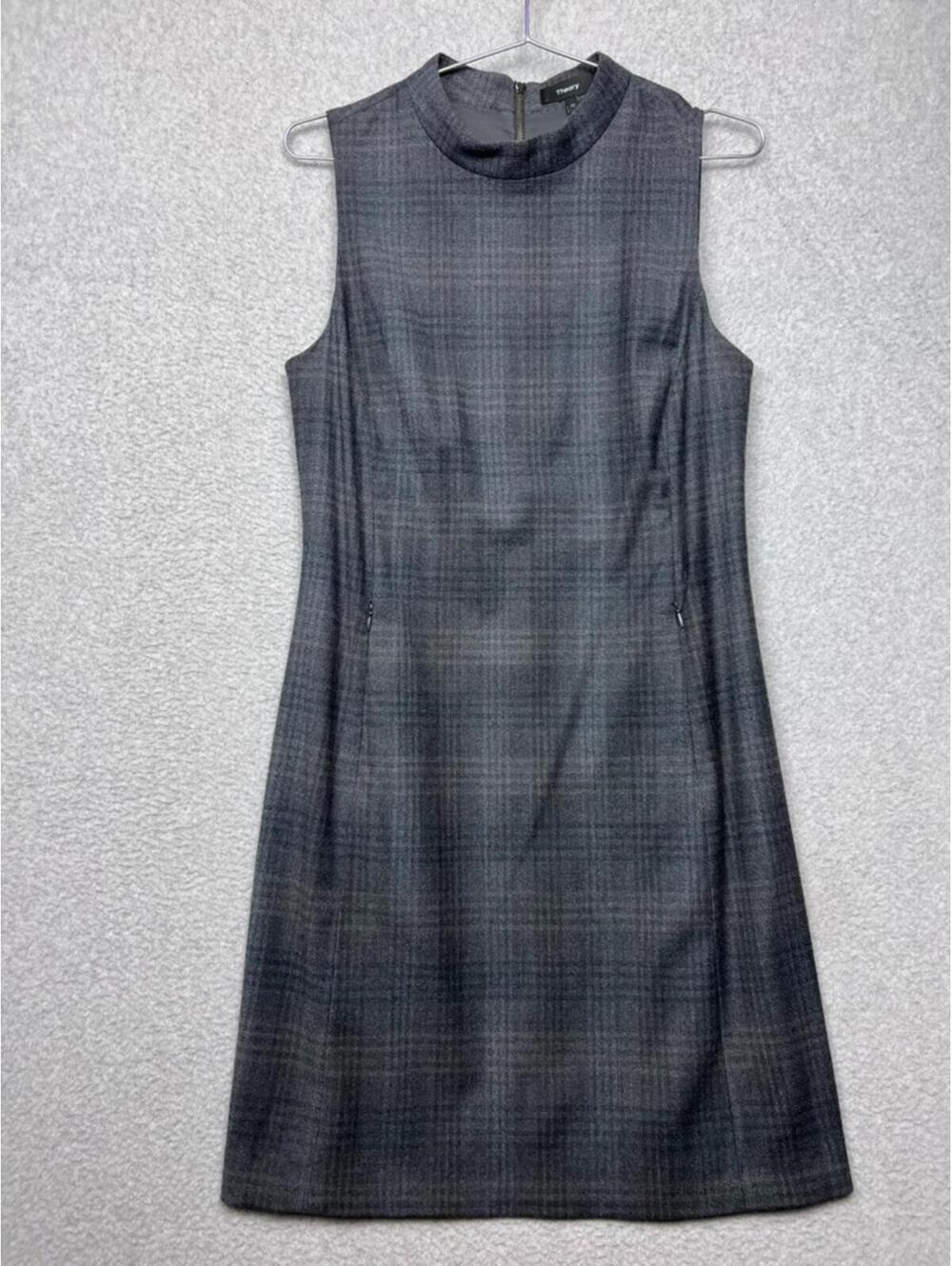 Theory Zip Back Mod Dress Womens 10 Soft Plaid Stretch Wool Quiet Luxury Pocket